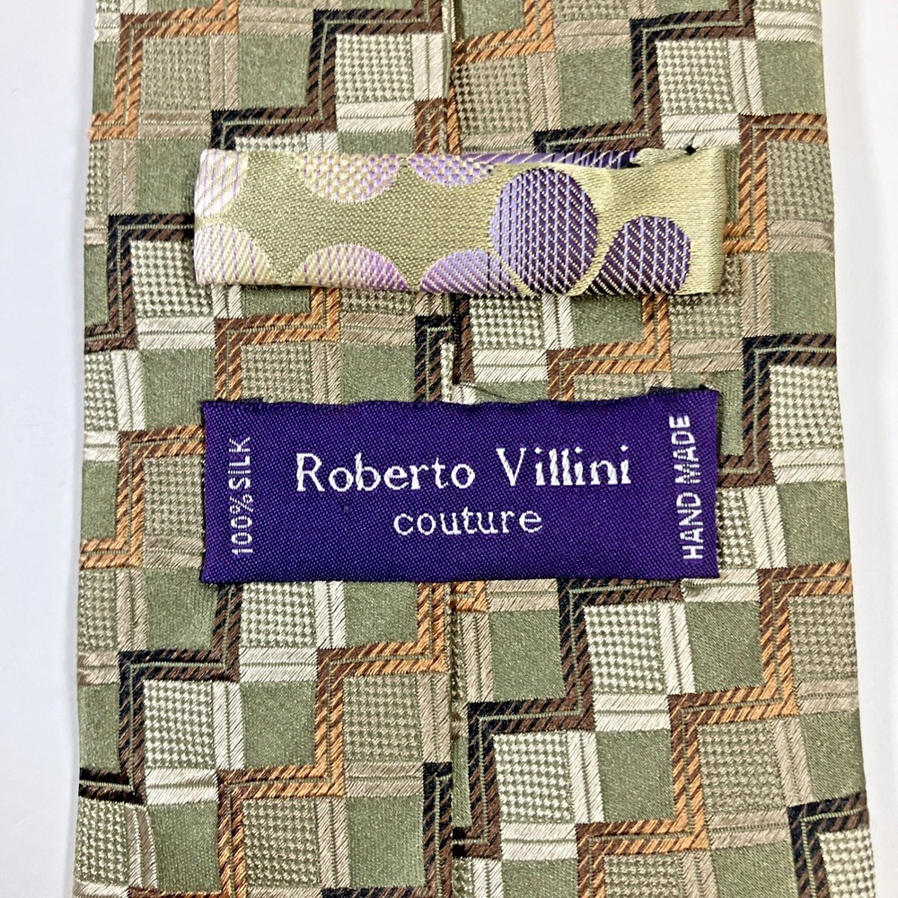 Roberto Villini Couture Men's Necktie Geometric Green‎ Gold Silver Silk Handmade - Picture 4 of 6